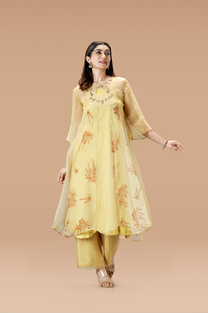 Beige Krishna Kireedam Block Print Silk Organza Panel Anarkali Top and Wide Leg Pant Set