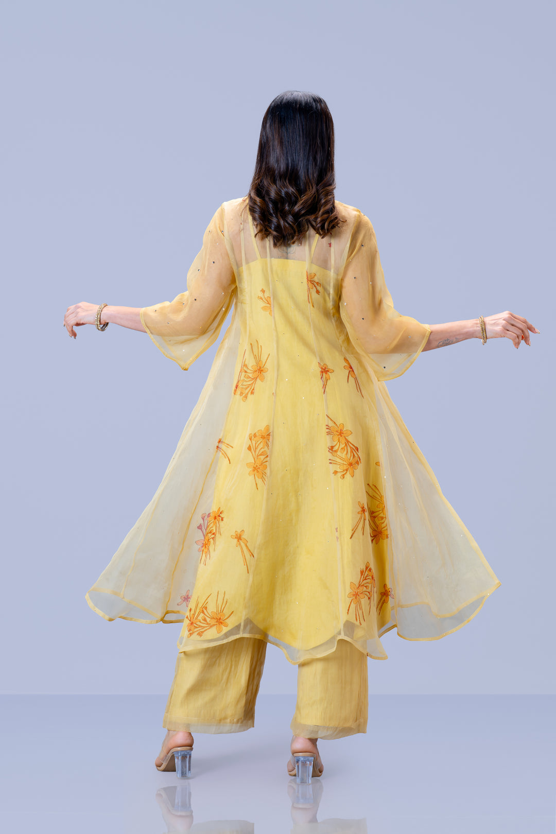 Beige Krishna Kireedam Block Print Silk Organza Panel Anarkali Top and Wide Leg Pant Set