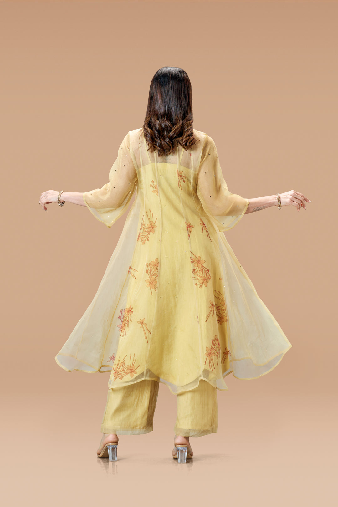 Beige Krishna Kireedam Block Print Silk Organza Panel Anarkali Top and Wide Leg Pant Set
