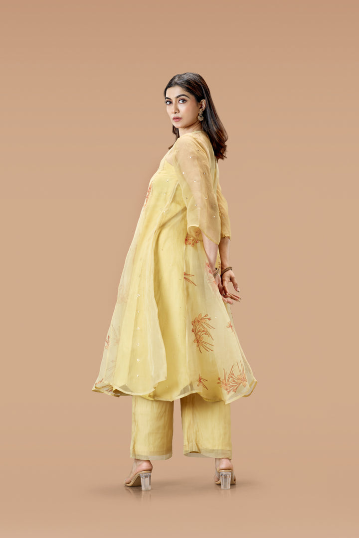 Beige Krishna Kireedam Block Print Silk Organza Panel Anarkali Top and Wide Leg Pant Set