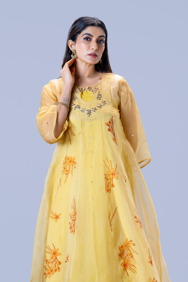 Beige Krishna Kireedam Block Print Silk Organza Panel Anarkali Top and Wide Leg Pant Set