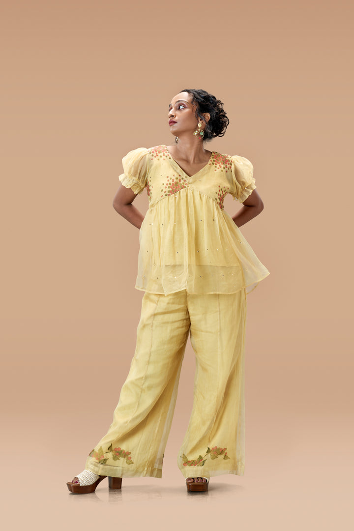 Beige Kurumulak Block Print Mulberry Silk Organza Peplum Top and Palazzo Pant Set