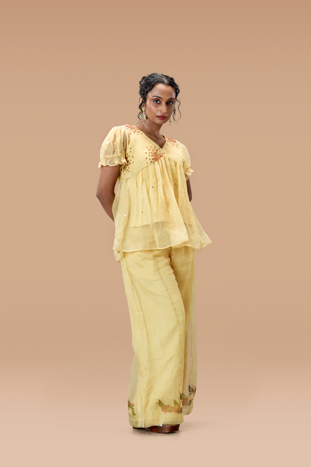 Beige Kurumulak Block Print Mulberry Silk Organza Peplum Top and Palazzo Pant Set