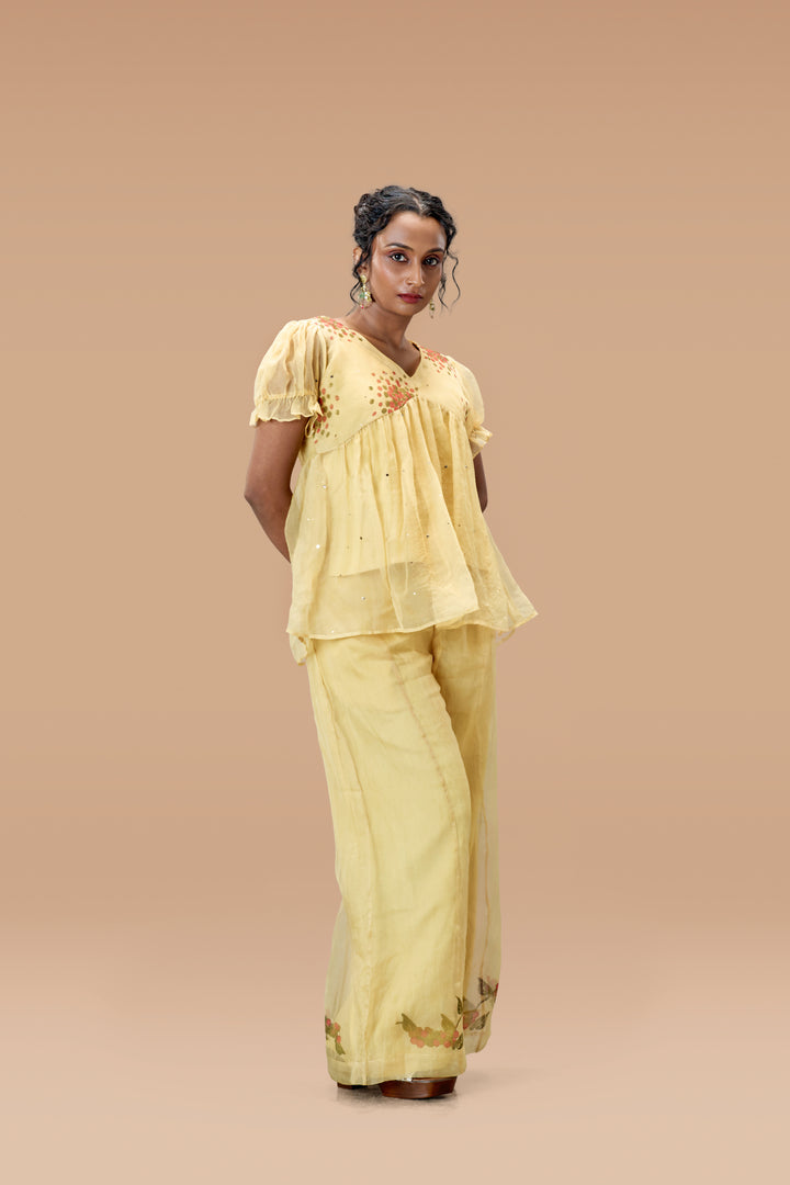 Beige Kurumulak Block Print Mulberry Silk Organza Peplum Top and Palazzo Pant Set