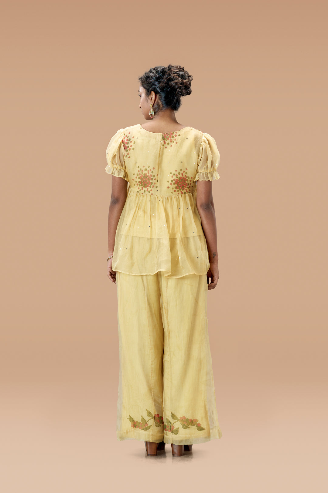 Beige Kurumulak Block Print Mulberry Silk Organza Peplum Top and Palazzo Pant Set