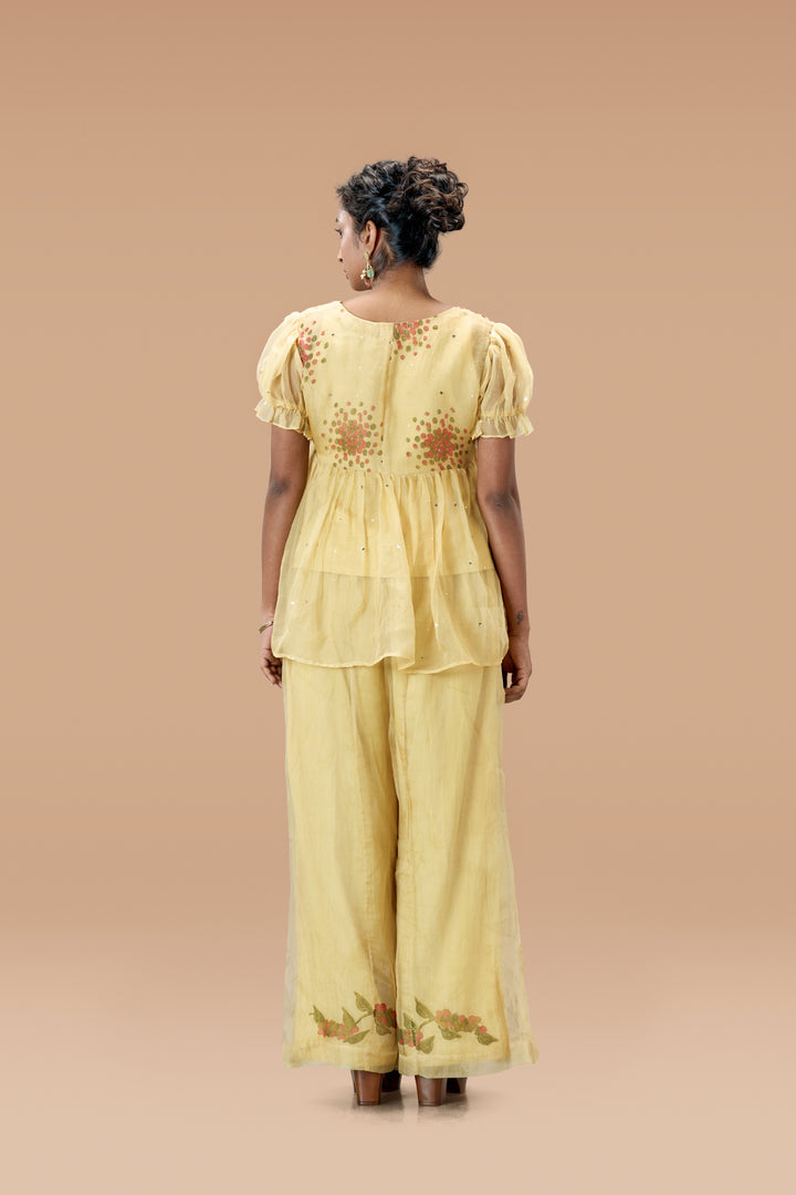Beige Kurumulak Block Print Mulberry Silk Organza Peplum Top and Palazzo Pant Set