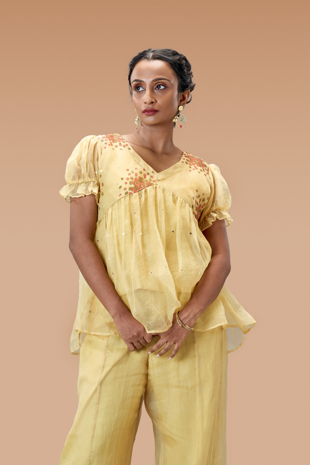 Beige Kurumulak Block Print Mulberry Silk Organza Peplum Top and Palazzo Pant Set