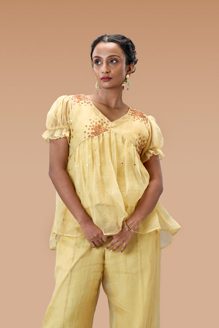 Beige Kurumulak Block Print Mulberry Silk Organza Peplum Top and Palazzo Pant Set