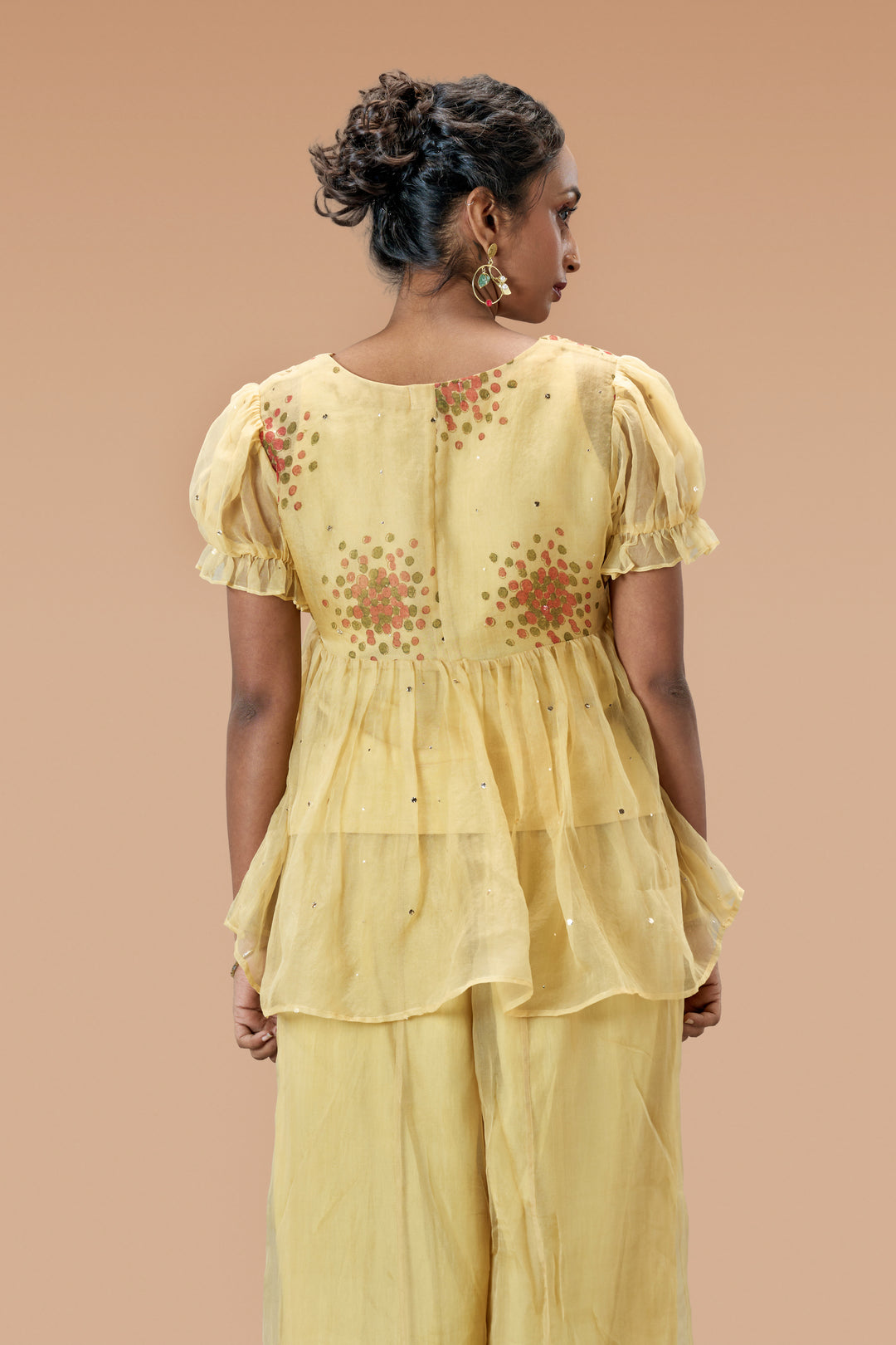 Beige Kurumulak Block Print Mulberry Silk Organza Peplum Top and Palazzo Pant Set