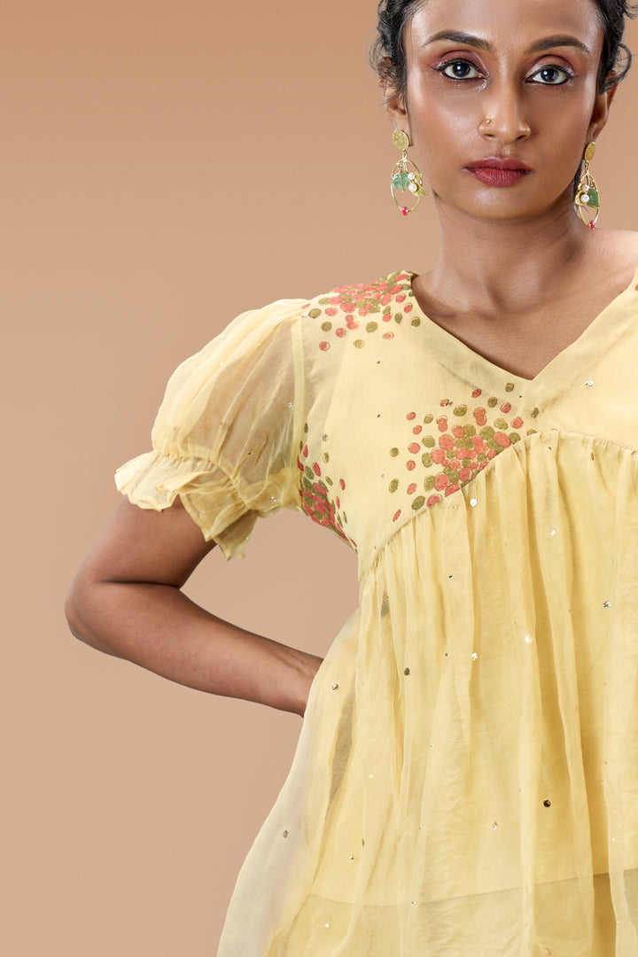 Beige Kurumulak Block Print Mulberry Silk Organza Peplum Top and Palazzo Pant Set
