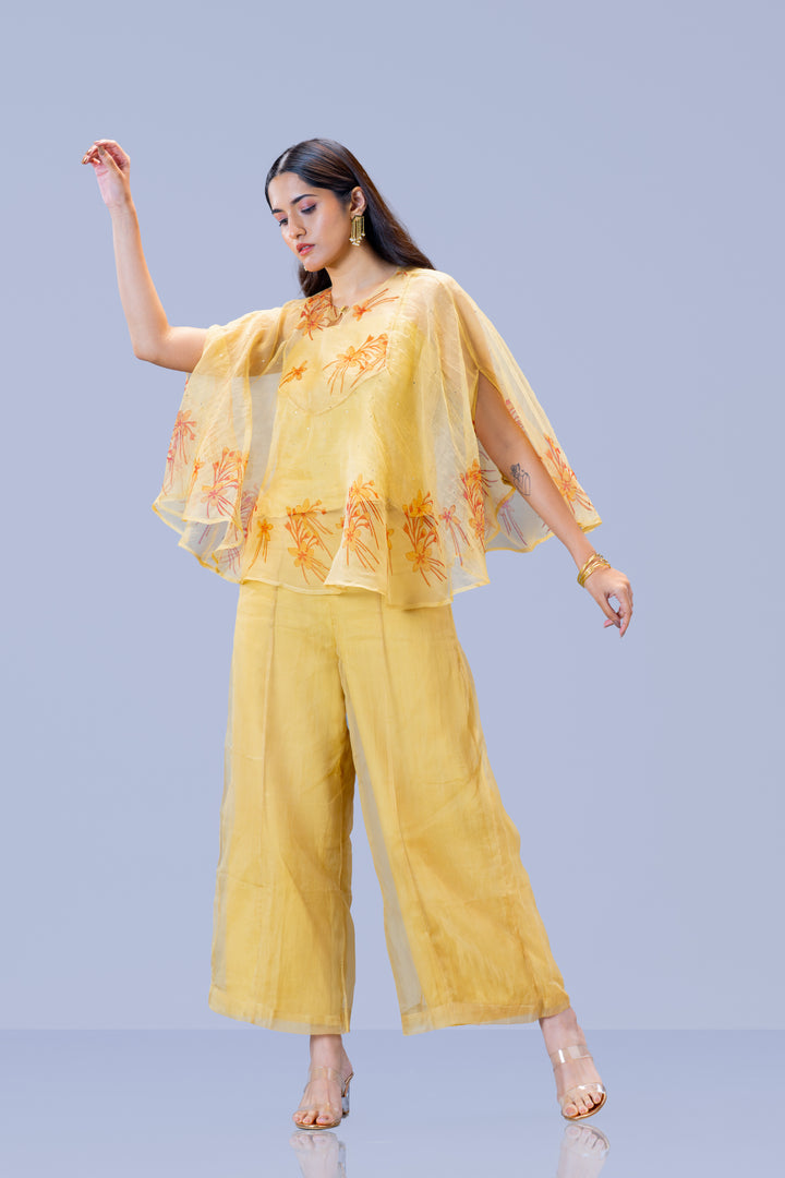 Beige Krishna Kireedam Block Print Silk Organza Poncho Top and Palazzo Pant Set