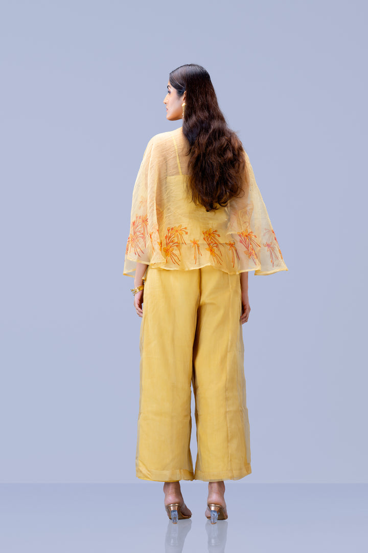 Beige Krishna Kireedam Block Print Silk Organza Poncho Top and Palazzo Pant Set