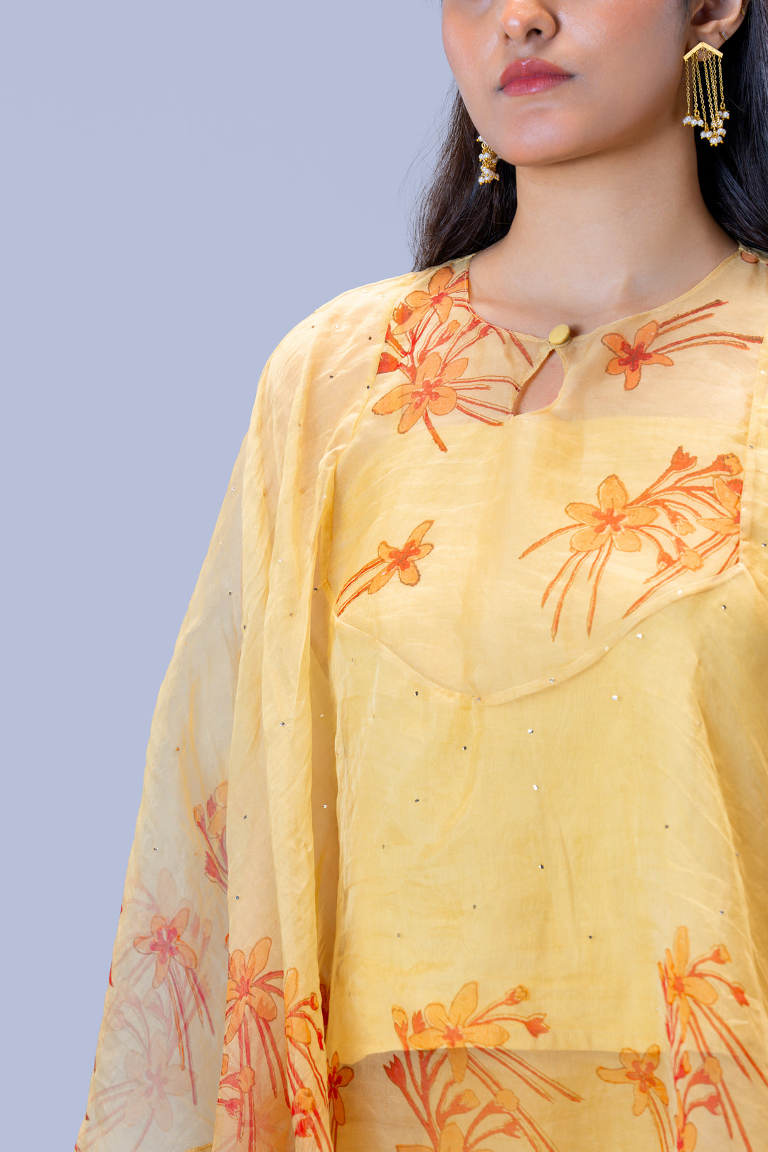Beige Krishna Kireedam Block Print Silk Organza Poncho Top and Palazzo Pant Set