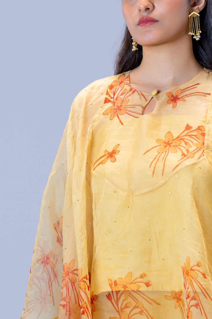 Beige Krishna Kireedam Block Print Silk Organza Poncho Top and Palazzo Pant Set