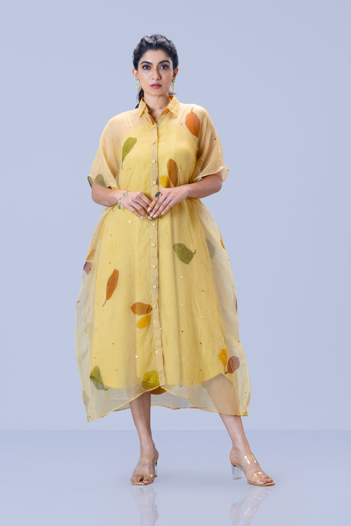 Beige Plaavila Block Print Silk Organza Kaftan Midi Dress