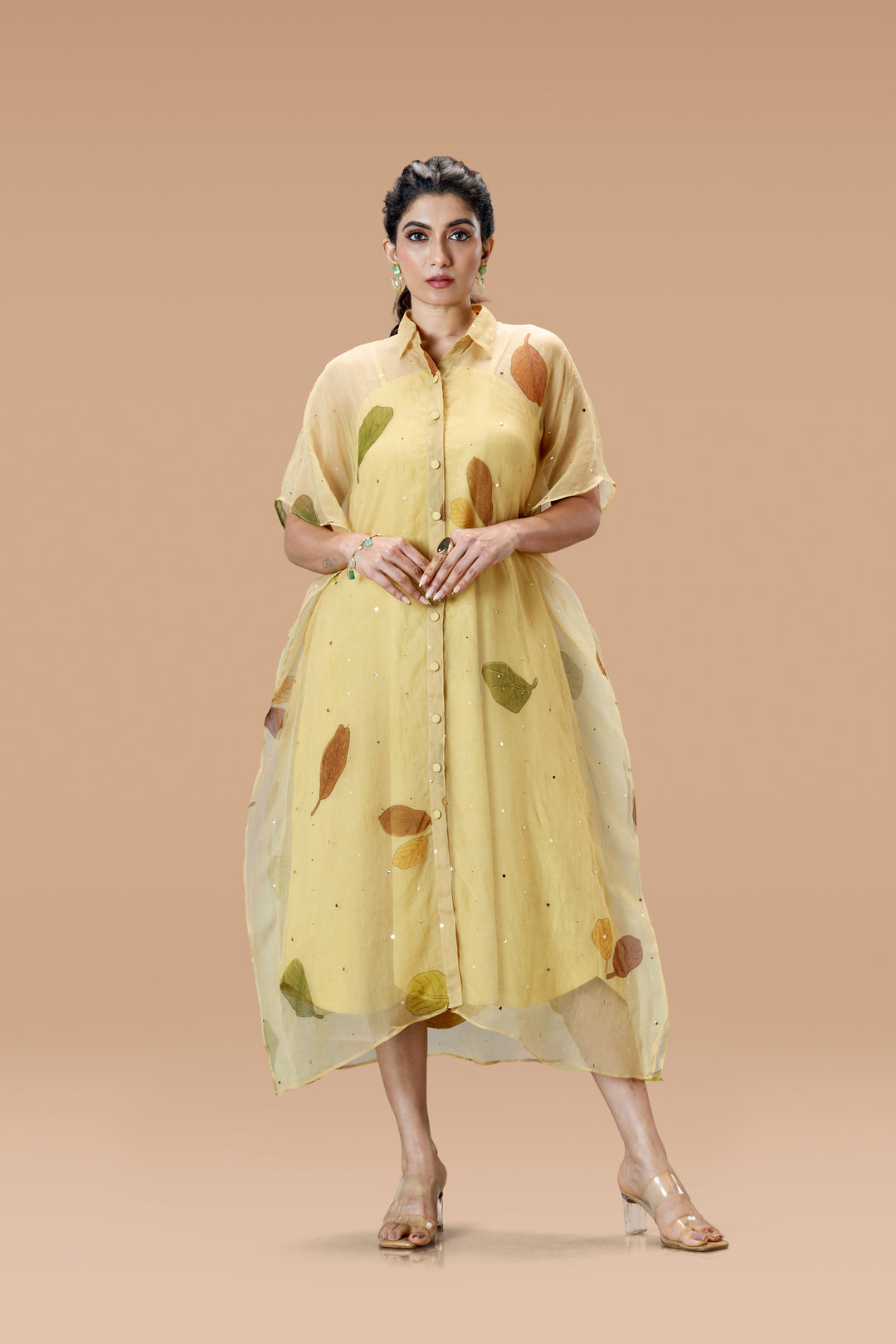 Beige Plaavila Block Print Silk Organza Kaftan Midi Dress