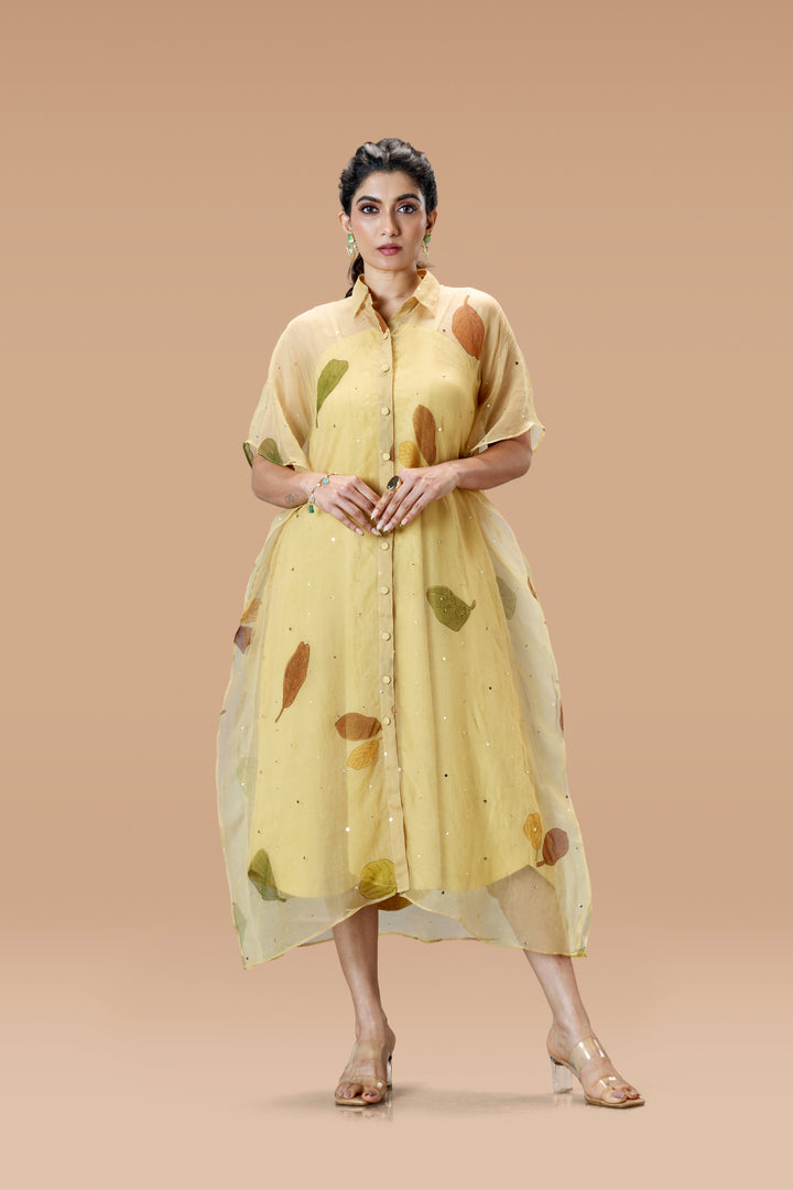 Beige Plaavila Block Print Silk Organza Kaftan Midi Dress