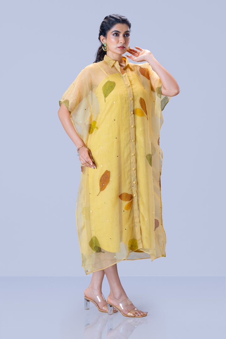 Beige Plaavila Block Print Silk Organza Kaftan Midi Dress