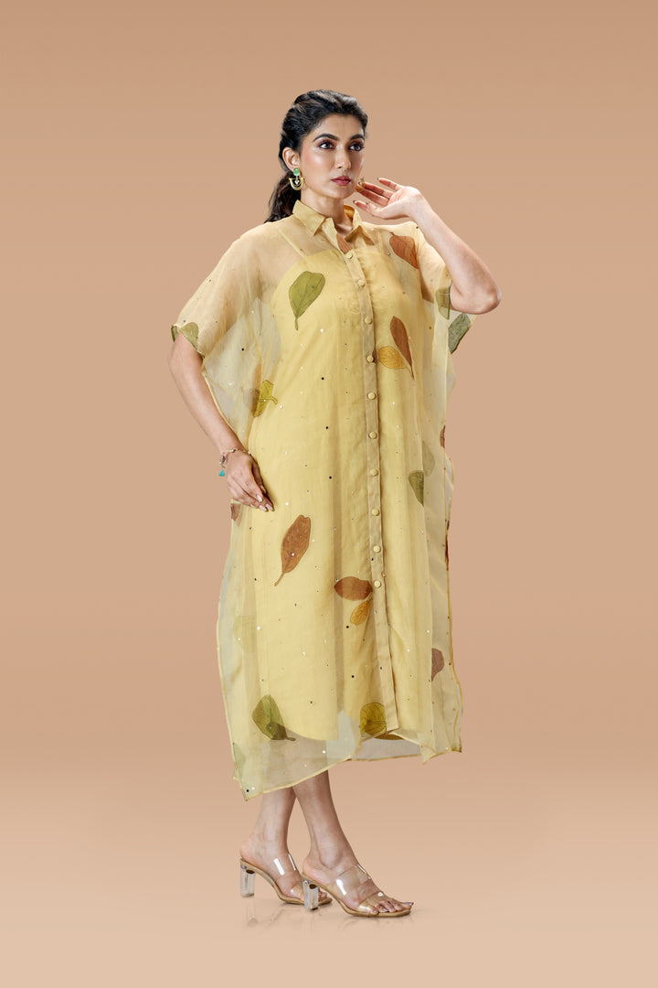 Beige Plaavila Block Print Silk Organza Kaftan Midi Dress