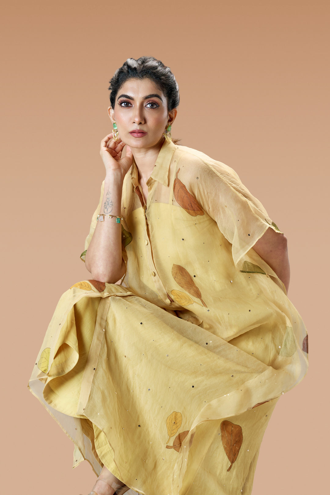 Beige Plaavila Block Print Silk Organza Kaftan Midi Dress