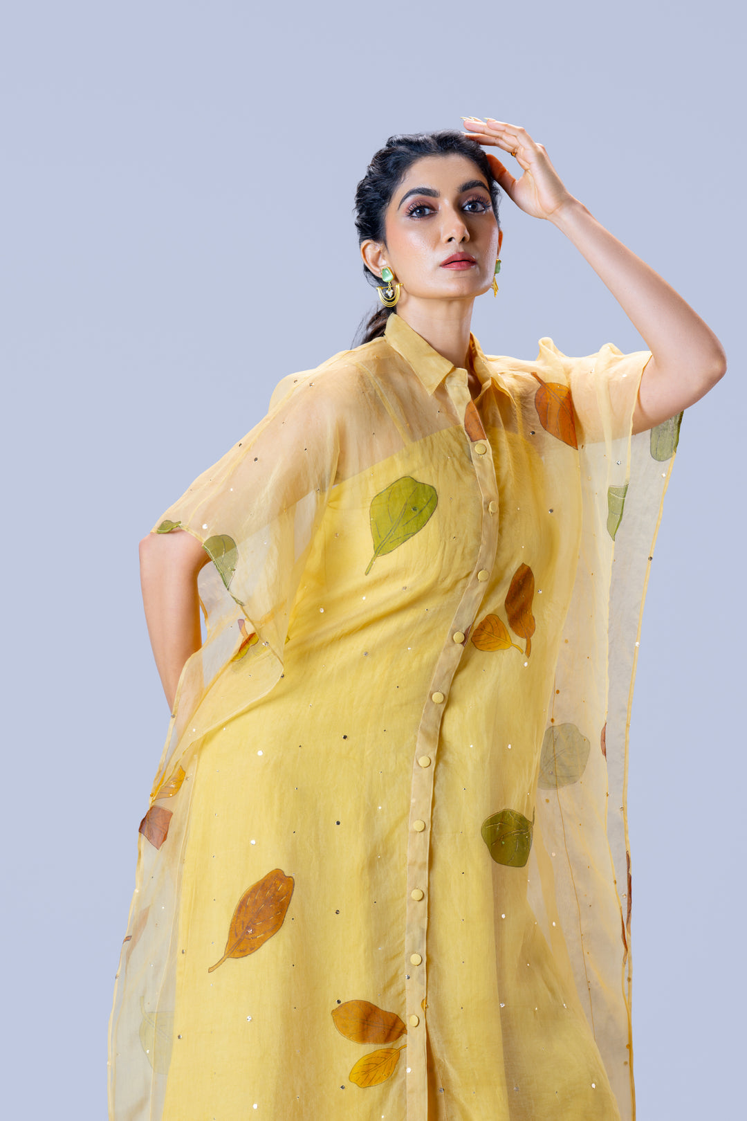 Beige Plaavila Block Print Silk Organza Kaftan Midi Dress