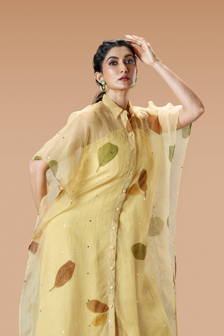 Beige Plaavila Block Print Silk Organza Kaftan Midi Dress