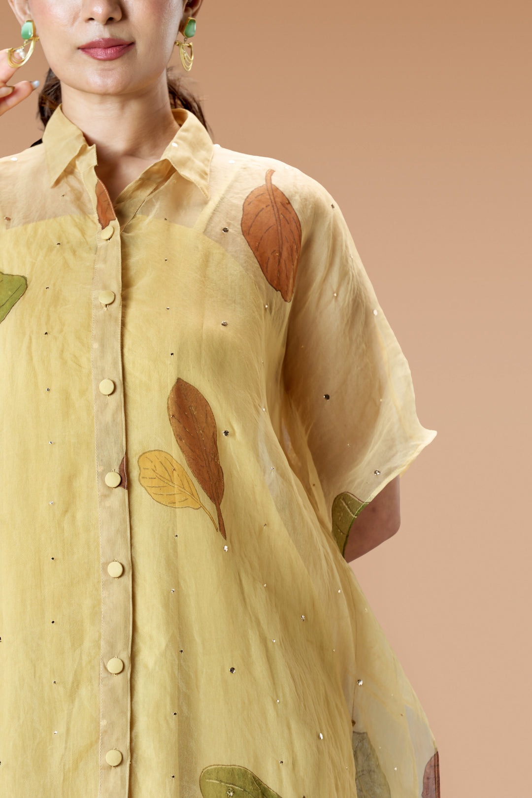 Beige Plaavila Block Print Silk Organza Kaftan Midi Dress