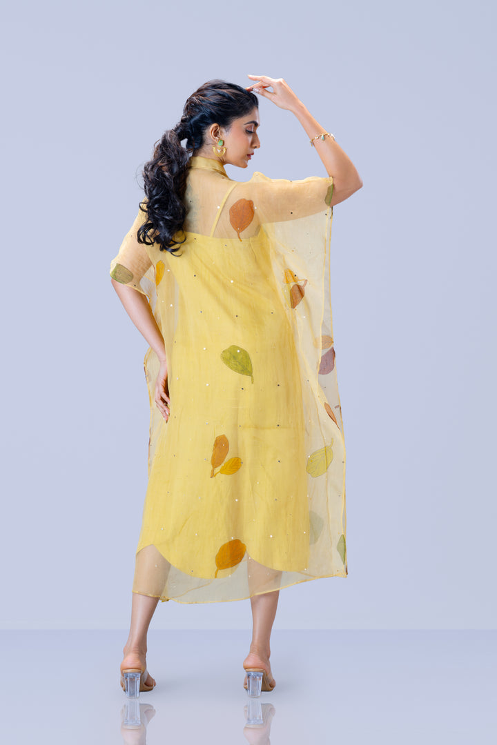 Beige Plaavila Block Print Silk Organza Kaftan Midi Dress