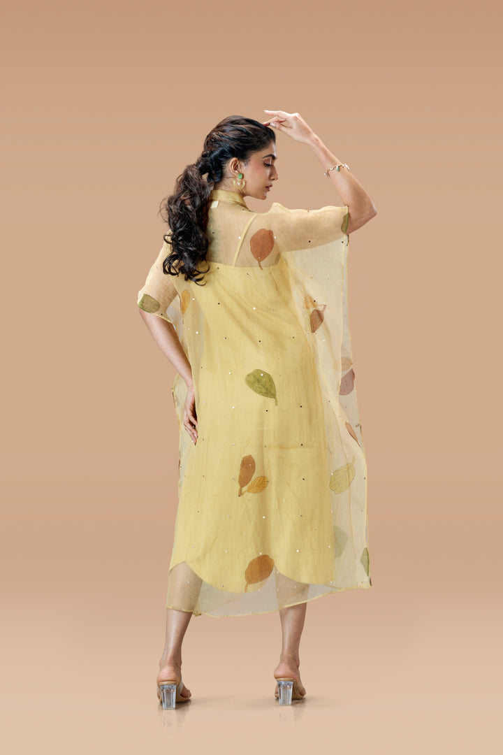 Beige Plaavila Block Print Silk Organza Kaftan Midi Dress