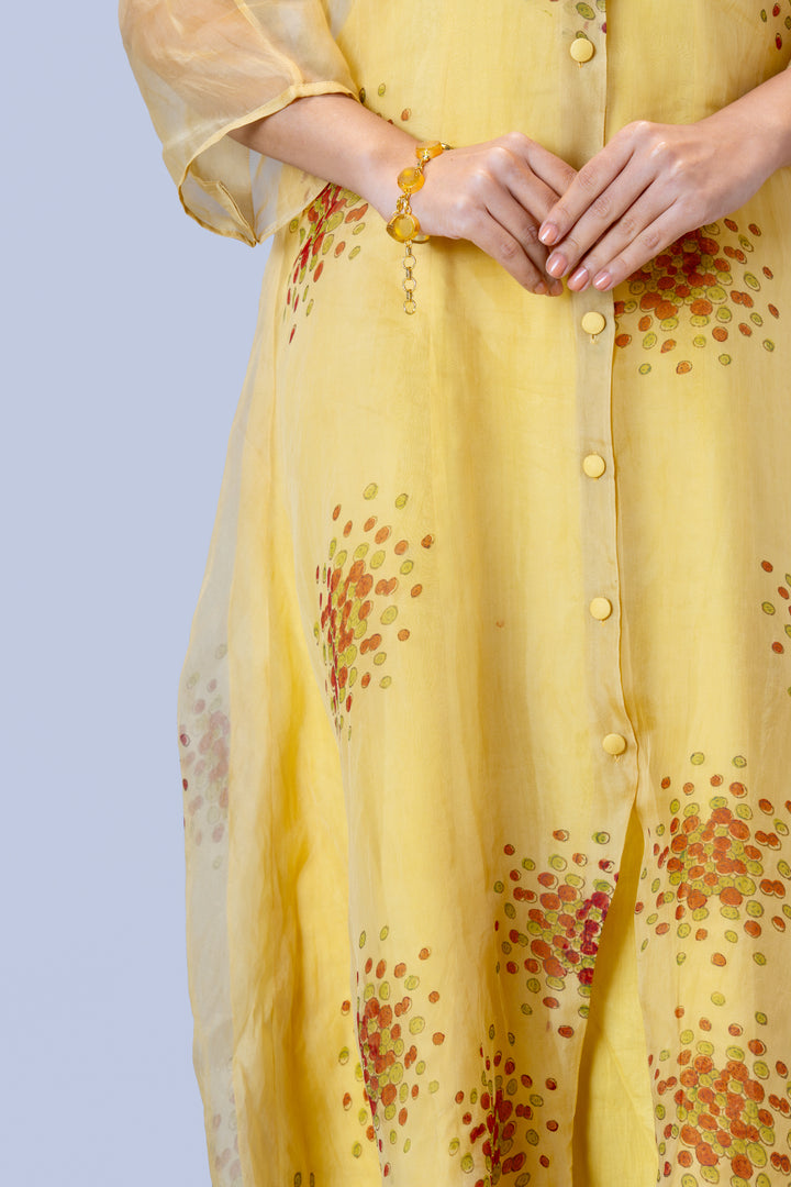 Beige Kurumulak Block Print Silk Organza Midi Length Shirt Dress