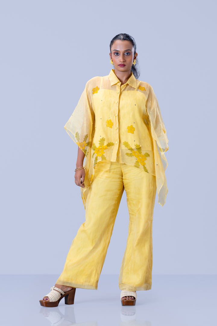 Beige Mukkutti Block Print Silk Organza Kaftan Shirt and Wide Leg Pant Set