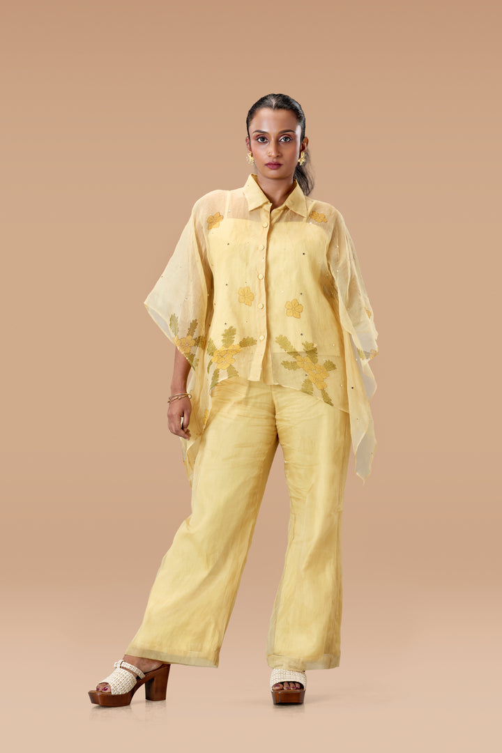 Beige Mukkutti Block Print Silk Organza Kaftan Shirt and Wide Leg Pant Set