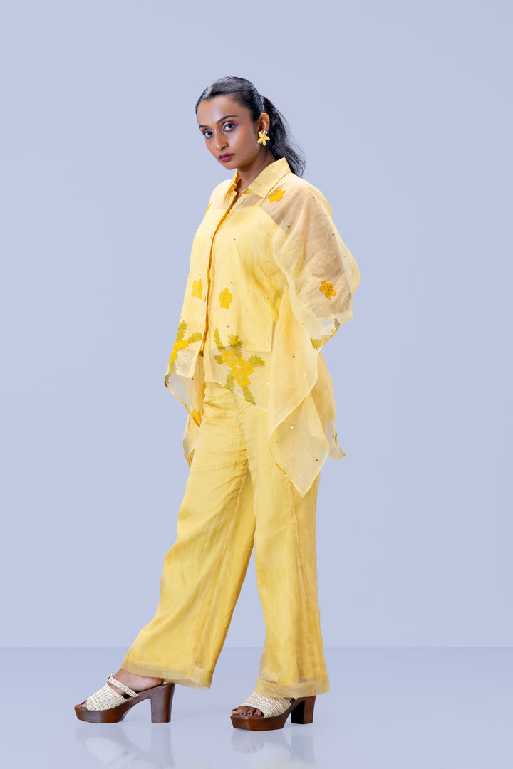 Beige Mukkutti Block Print Silk Organza Kaftan Shirt and Wide Leg Pant Set