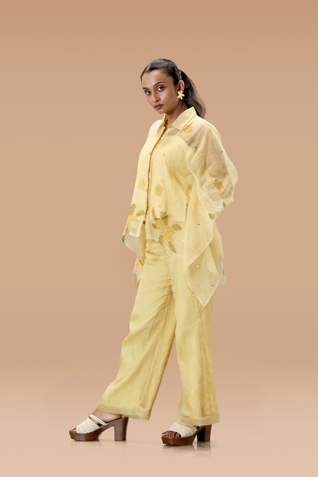 Beige Mukkutti Block Print Silk Organza Kaftan Shirt and Wide Leg Pant Set