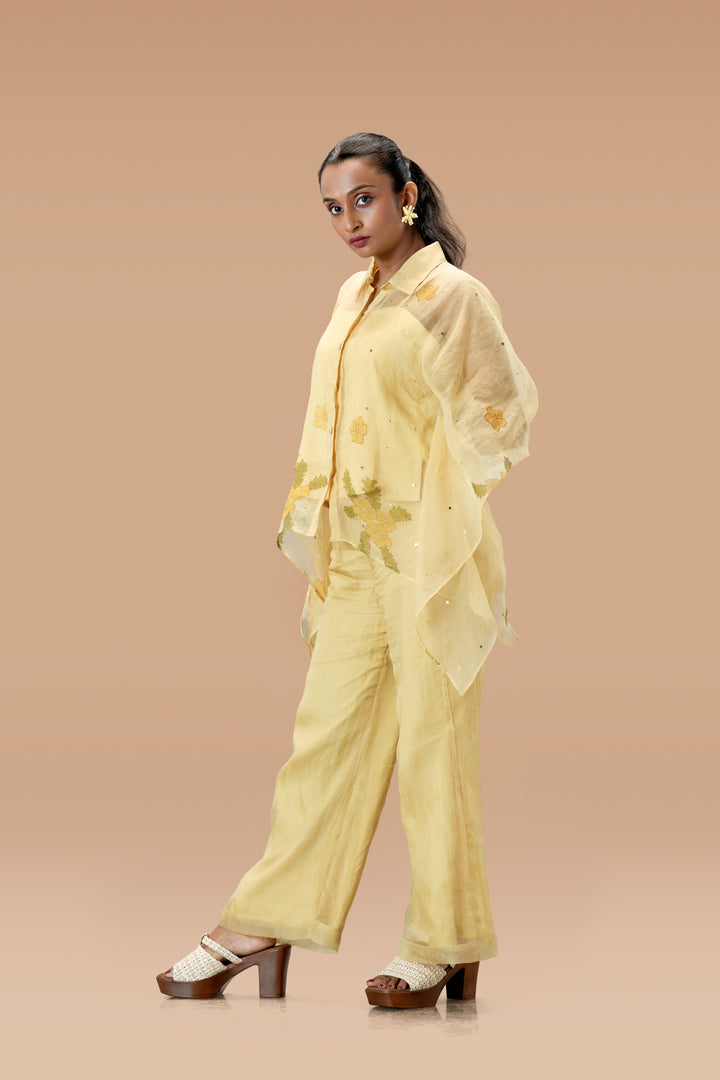 Beige Mukkutti Block Print Silk Organza Kaftan Shirt and Wide Leg Pant Set