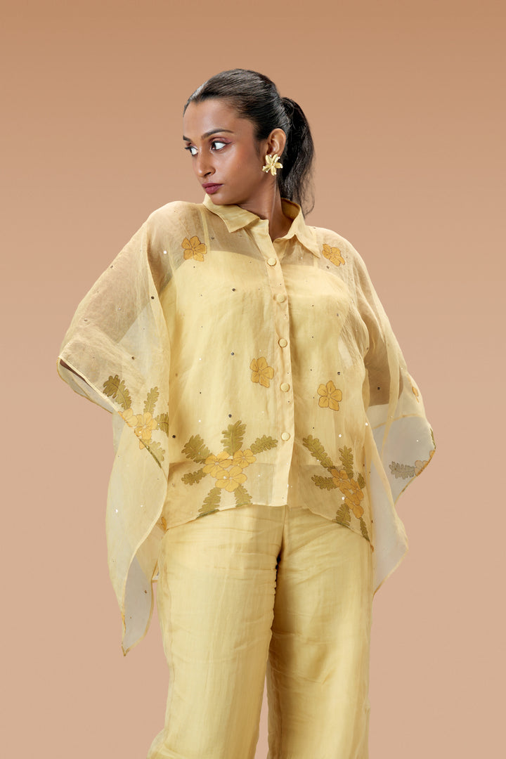Beige Mukkutti Block Print Silk Organza Kaftan Shirt and Wide Leg Pant Set