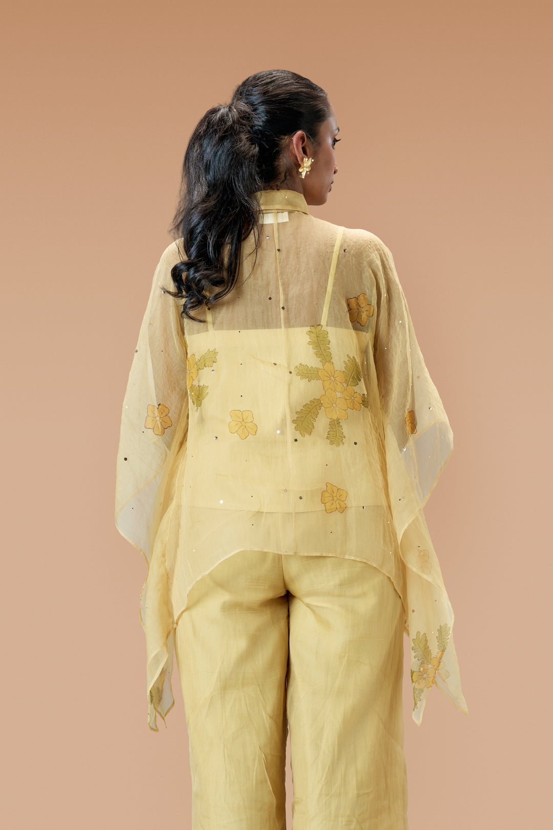 Beige Mukkutti Block Print Silk Organza Kaftan Shirt and Wide Leg Pant Set
