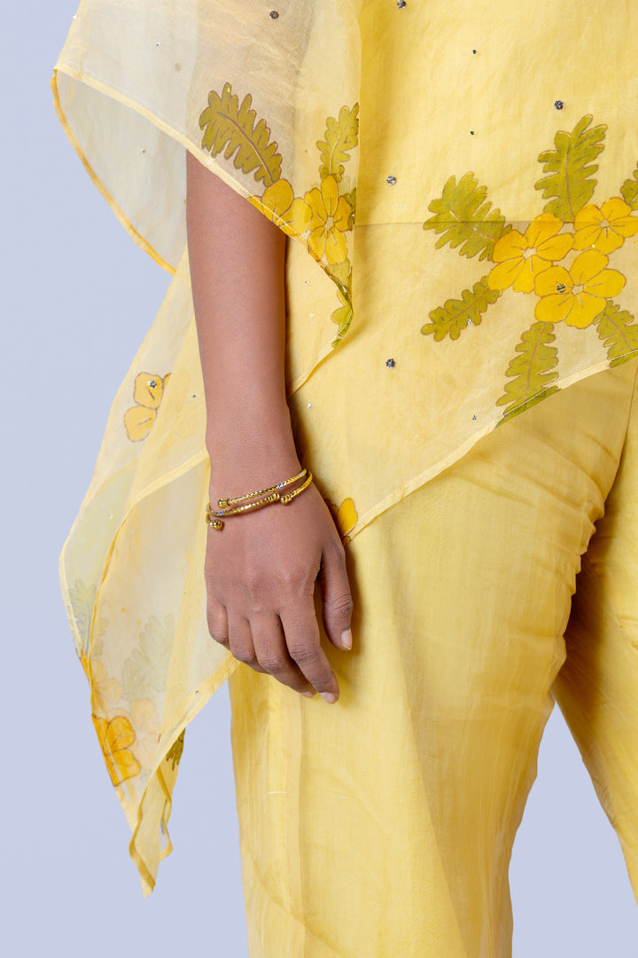 Beige Mukkutti Block Print Silk Organza Kaftan Shirt and Wide Leg Pant Set