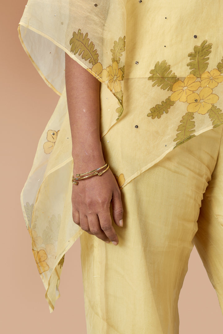 Beige Mukkutti Block Print Silk Organza Kaftan Shirt and Wide Leg Pant Set