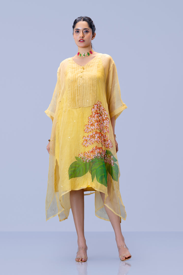 Beige Krishna Kireedam Hand Painted Silk Organza Kaftan Dress