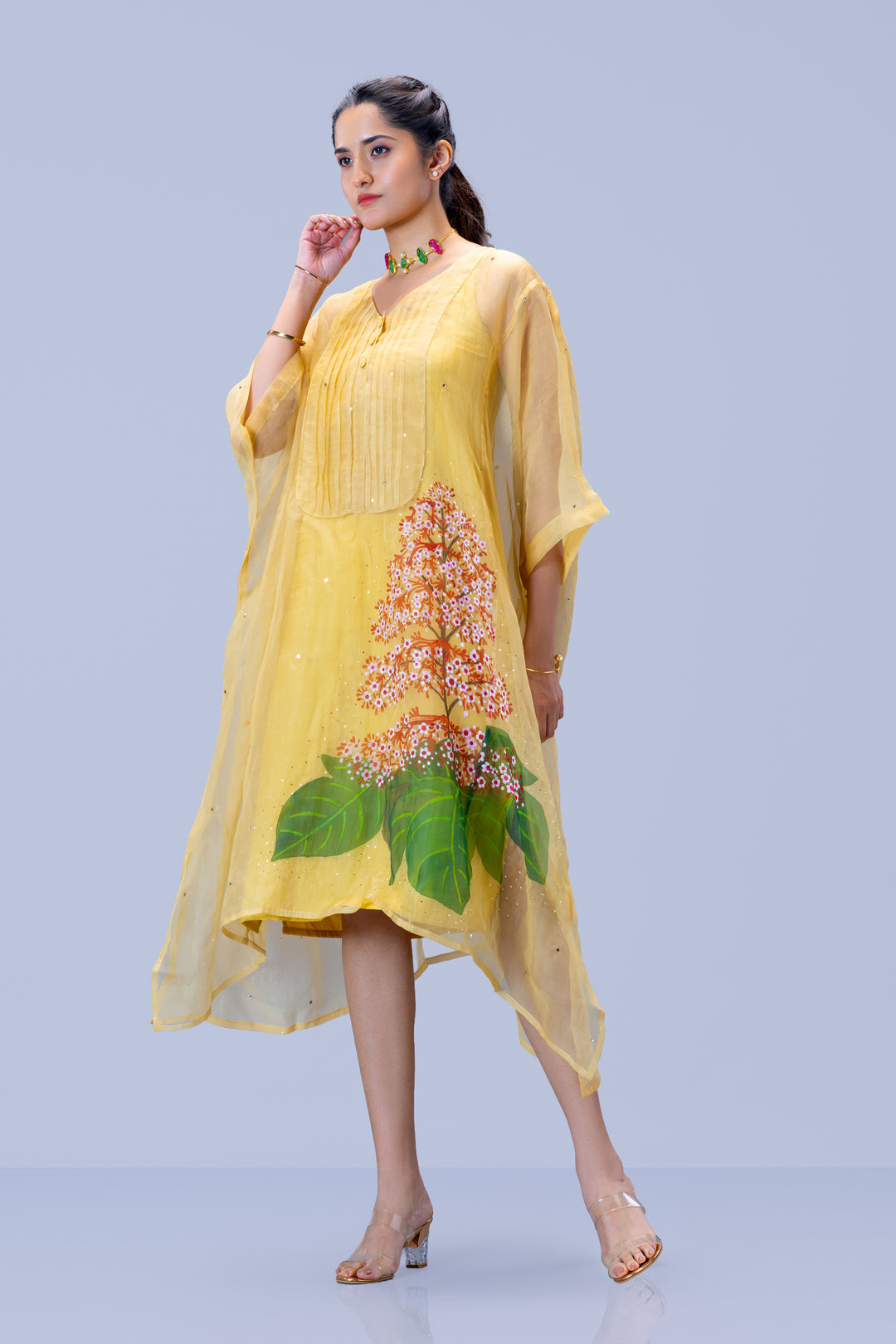 Beige Krishna Kireedam Hand Painted Silk Organza Kaftan Dress