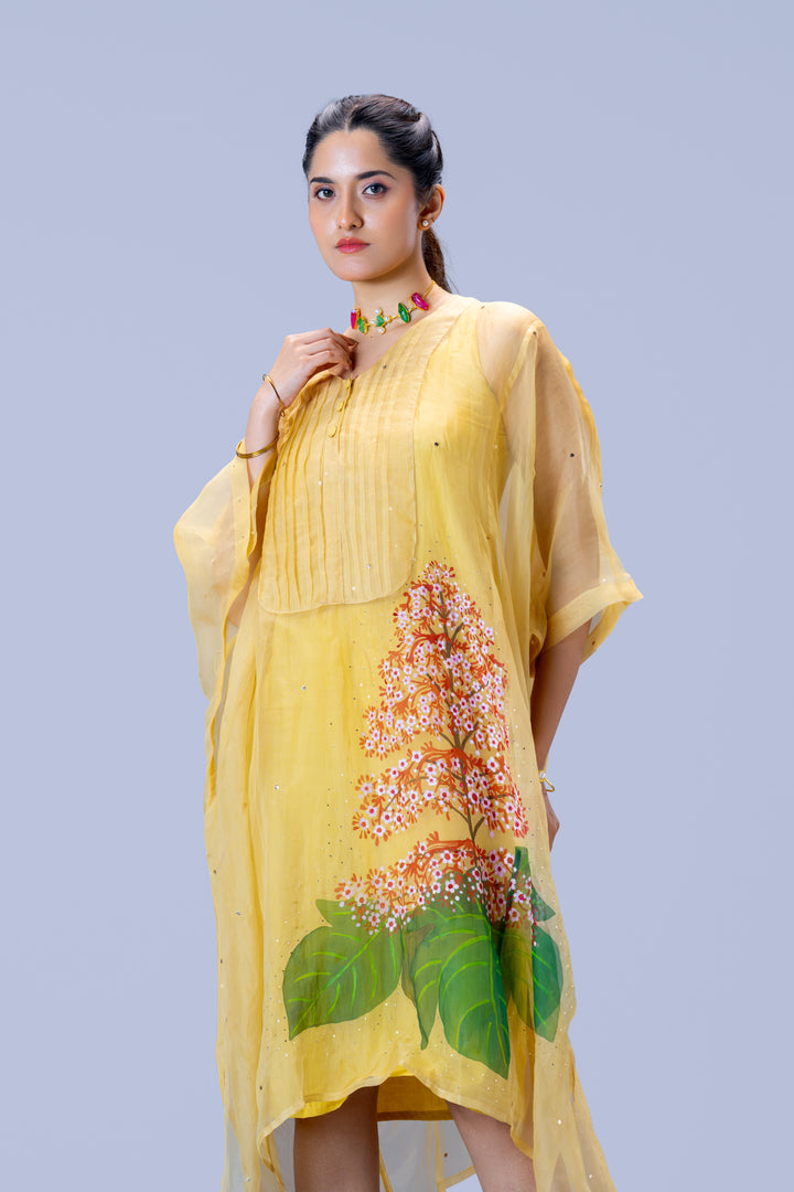 Beige Krishna Kireedam Hand Painted Silk Organza Kaftan Dress