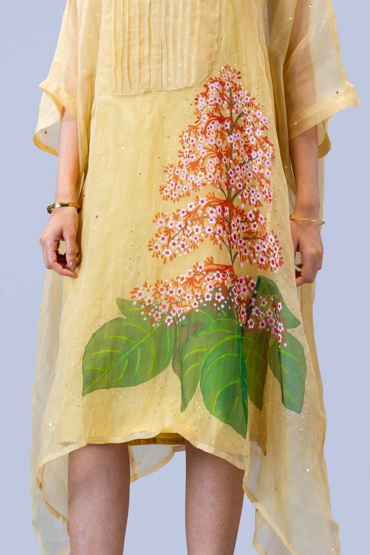 Beige Krishna Kireedam Hand Painted Silk Organza Kaftan Dress