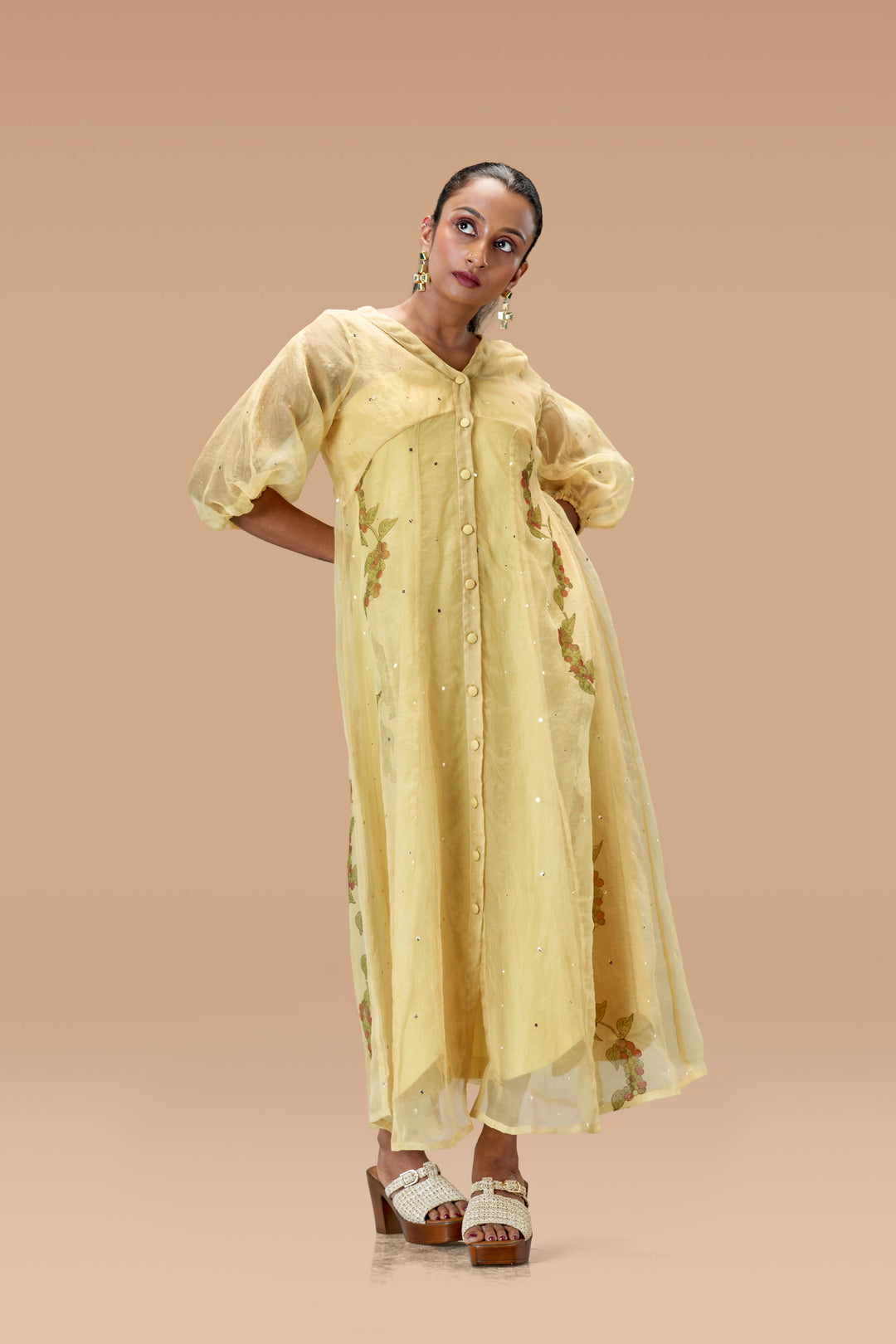 Beige Kurumulak Block Print Mulberry Silk Organza Midi Length Shirt Dress