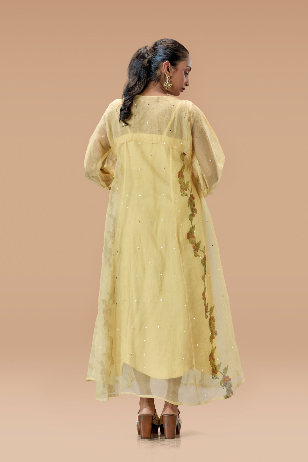 Beige Kurumulak Block Print Mulberry Silk Organza Midi Length Shirt Dress