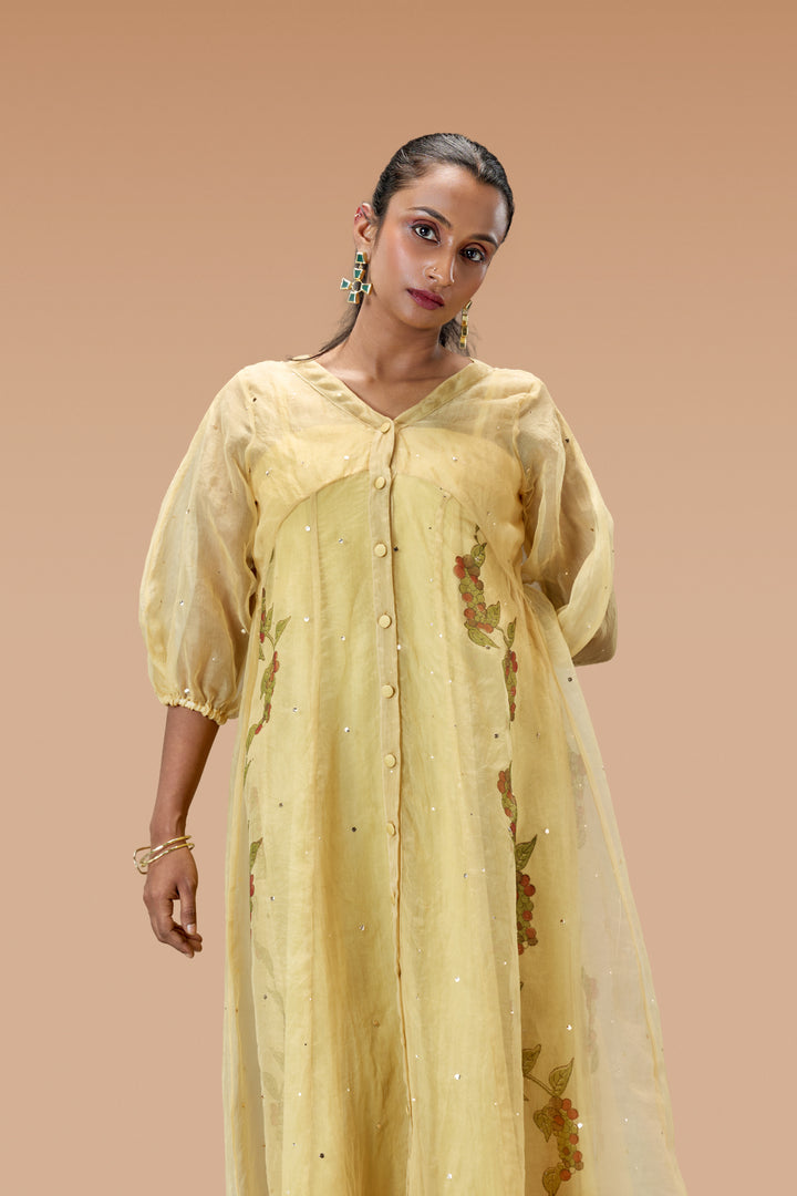 Beige Kurumulak Block Print Mulberry Silk Organza Midi Length Shirt Dress