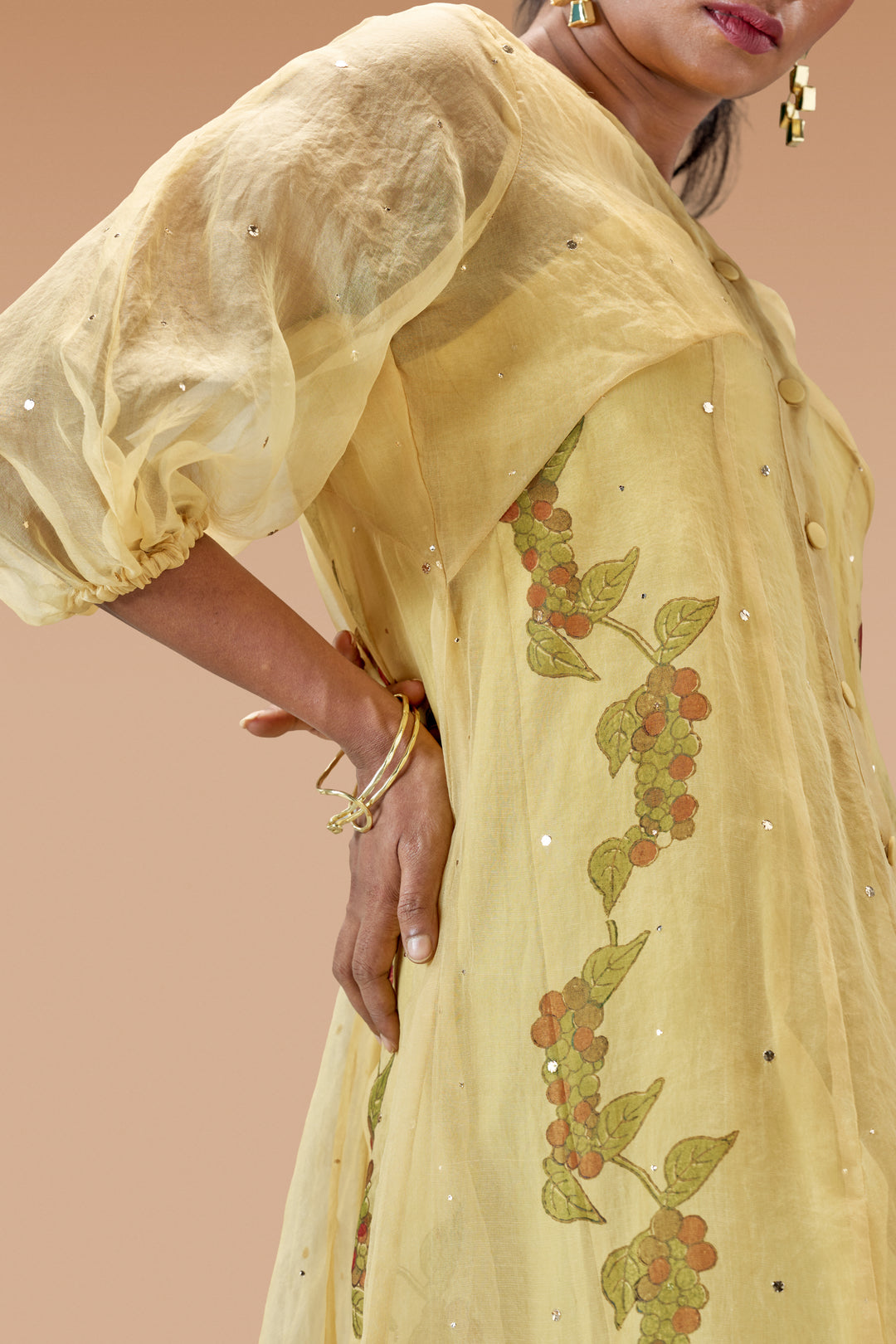Beige Kurumulak Block Print Mulberry Silk Organza Midi Length Shirt Dress