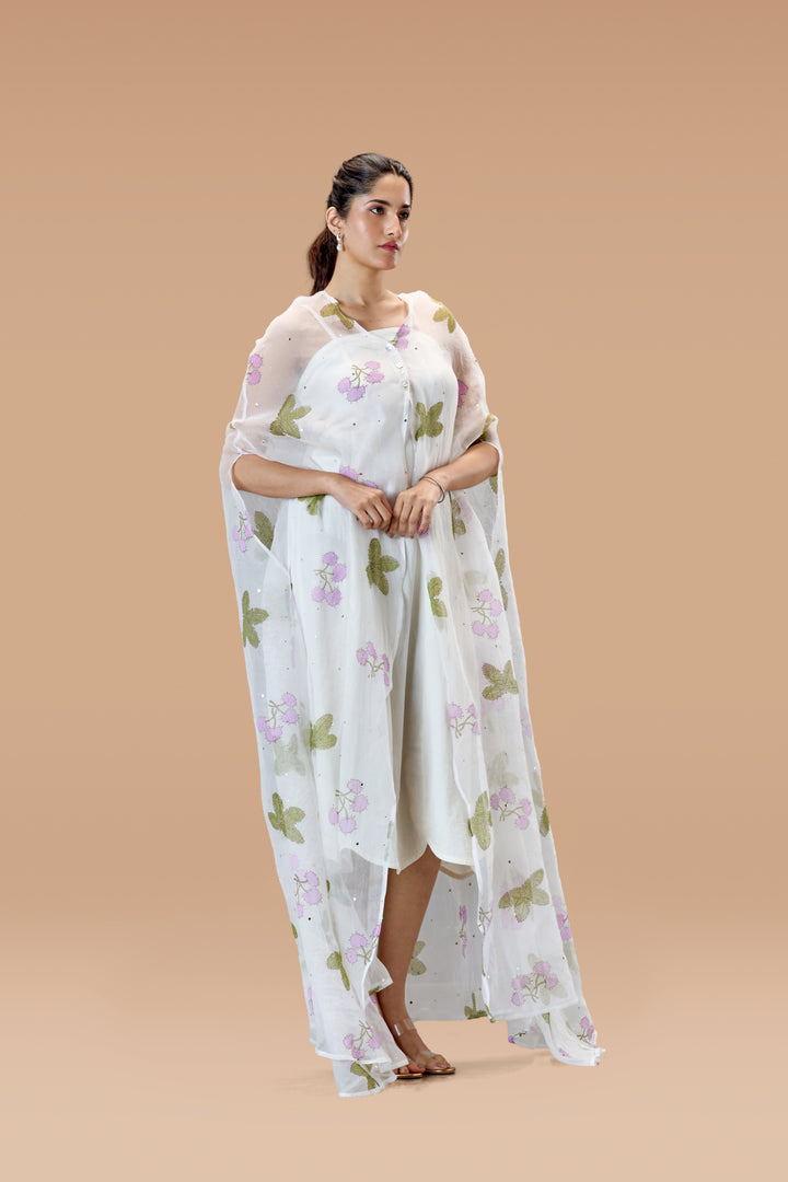 Pearl White Thottavaadi Block Print Silk Organza Long Cape Dress with Midi