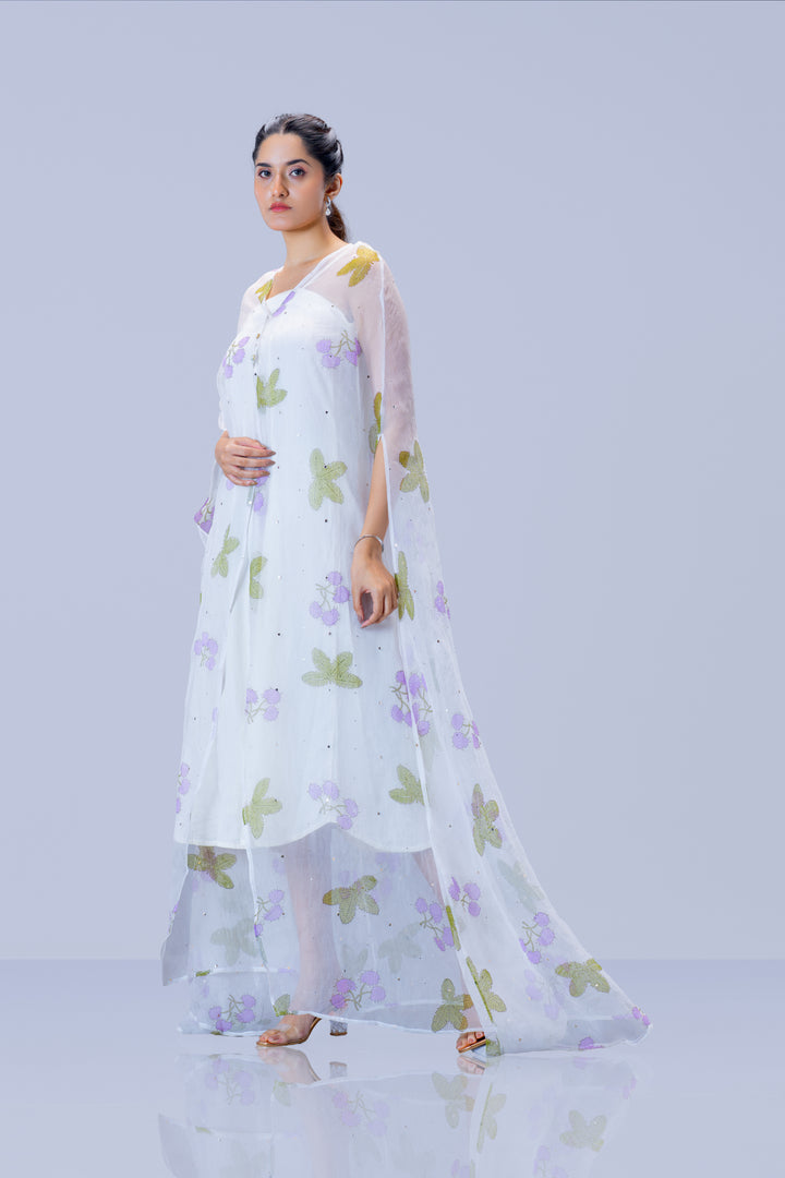 Pearl White Thottavaadi Block Print Silk Organza Long Cape Dress with Midi