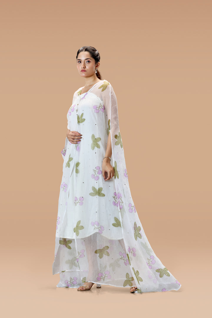 Pearl White Thottavaadi Block Print Silk Organza Long Cape Dress with Midi